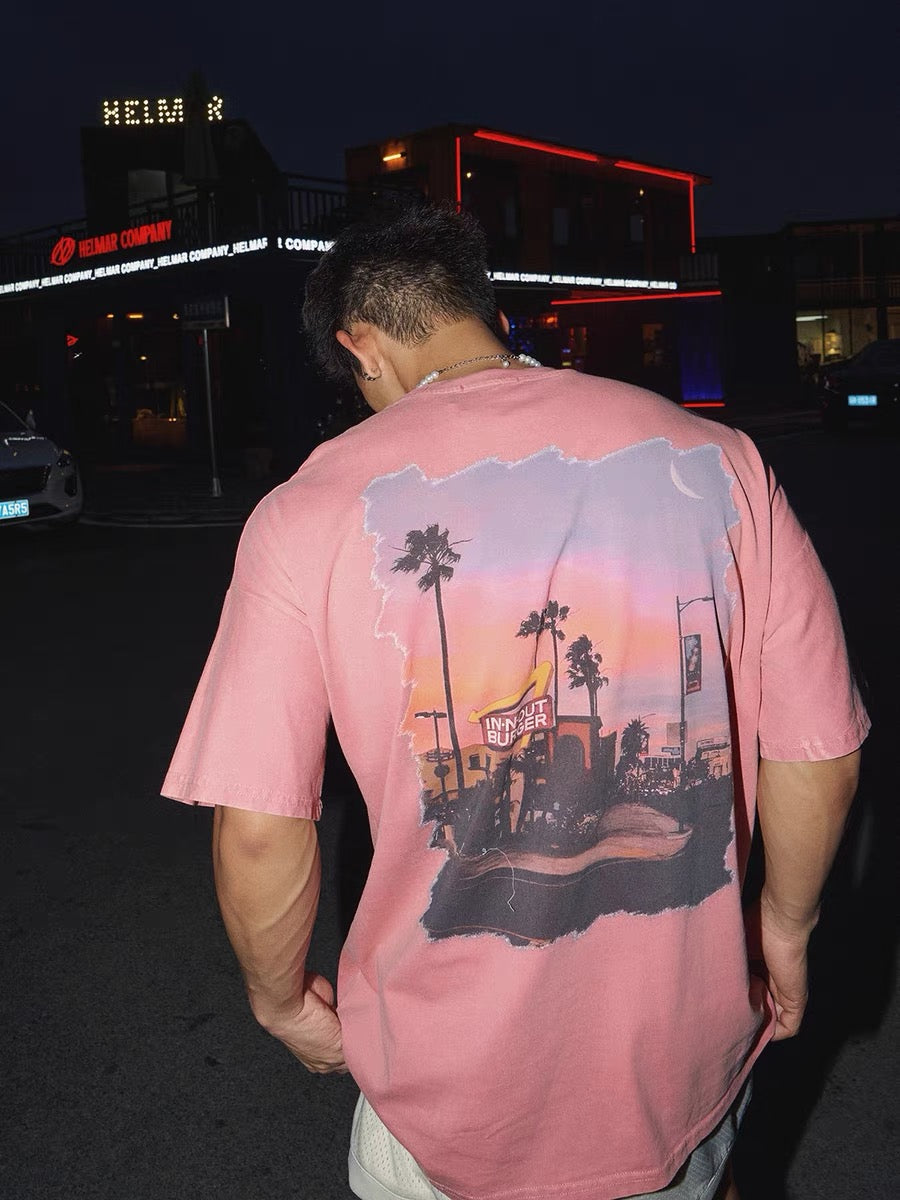 American retro sunset print short sleeves