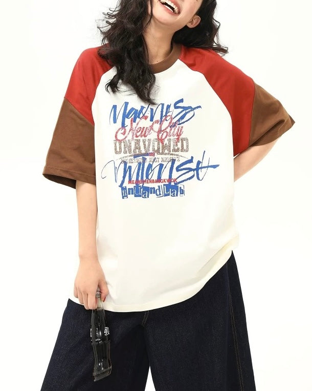 Retro contrast color couple short sleeves