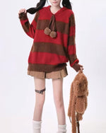 Retro hooded colorblock pullover sweater