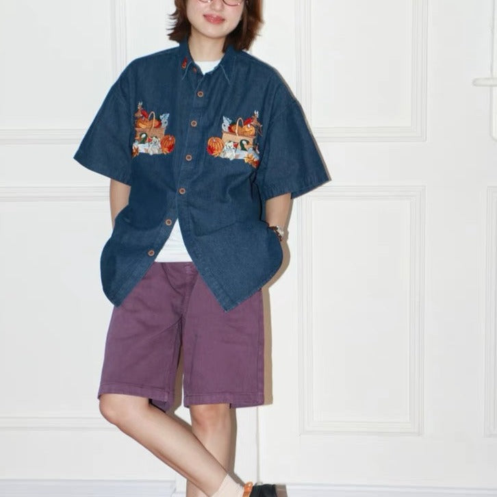 Retro cartoon embroidered denim shirt 