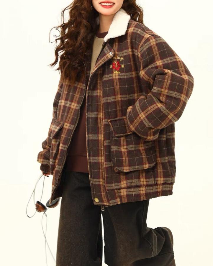 Retro embroidered plaid cotton jacket