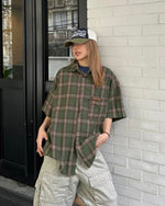 American retro plaid short-sleeved shirt 