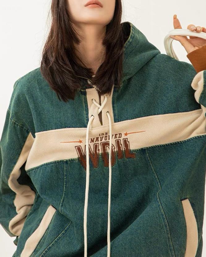 Retro washed patchwork distressed hooded sweatshirt