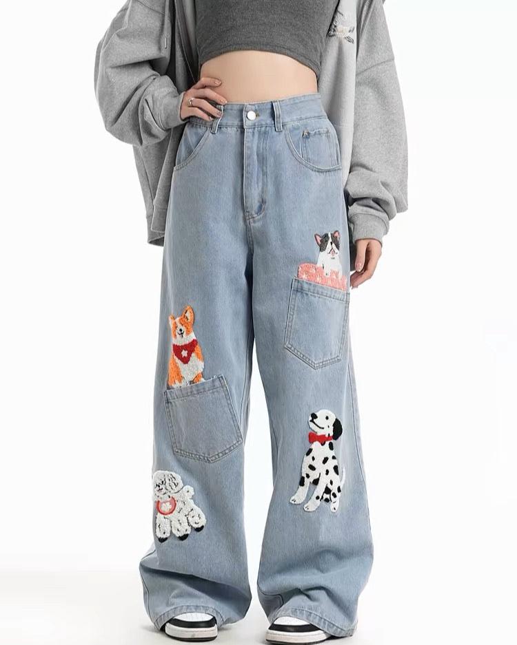 Cute patterned loose denim trousers