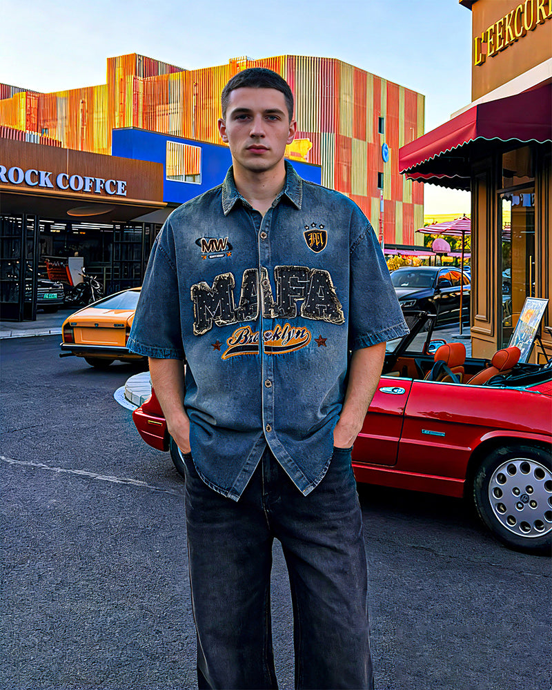 做舊水洗短袖襯衫