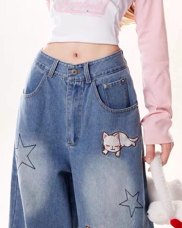 Retro cute embroidered denim trousers