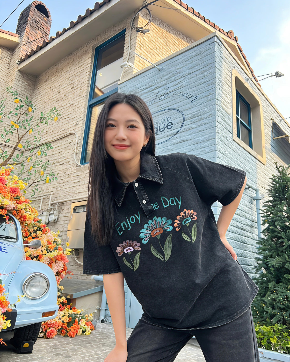 美式水洗做舊花朵翻領短袖