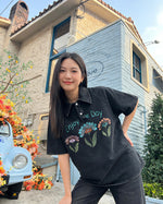 美式水洗做舊花朵翻領短袖