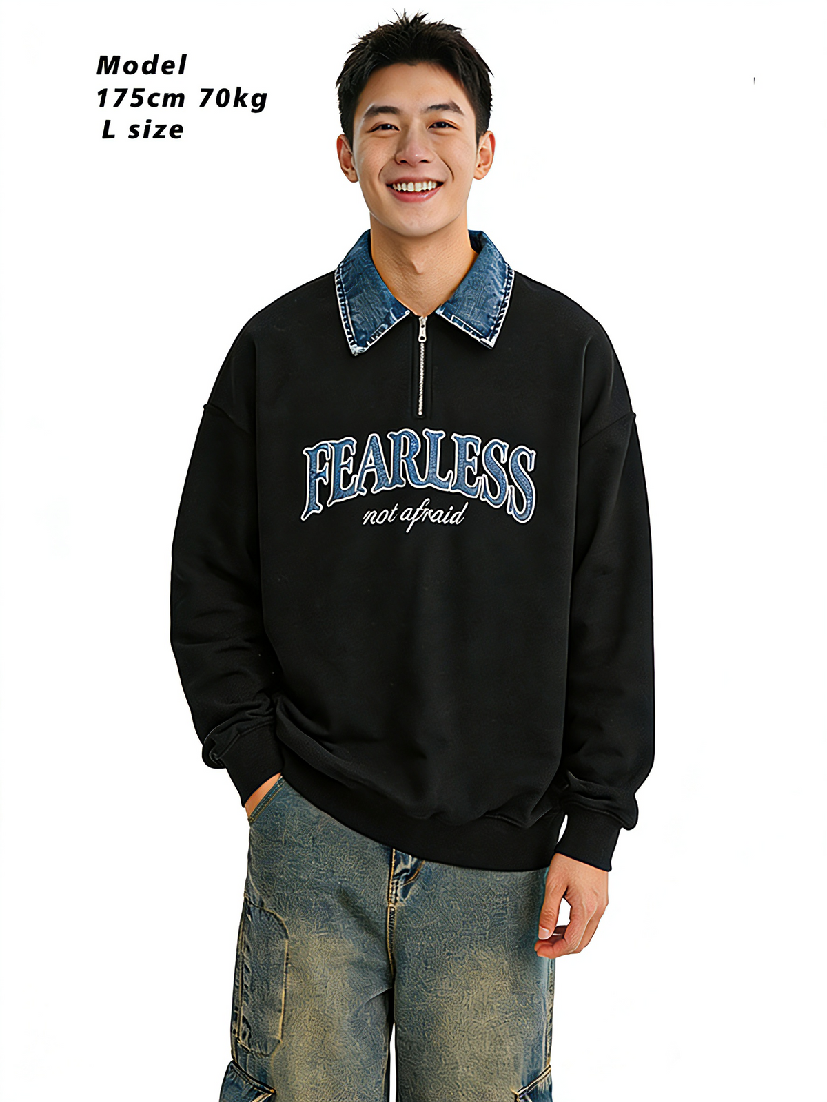 美式復古版拉鏈牛仔翻領衛衣