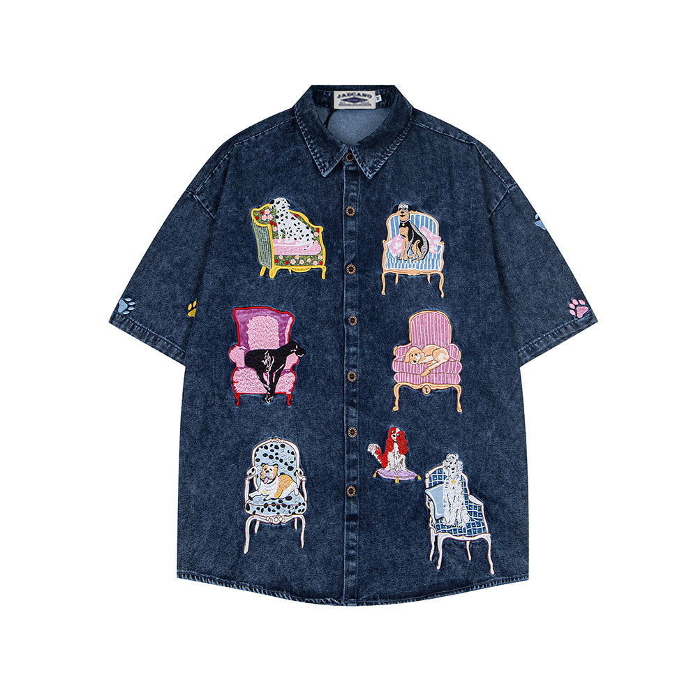 狗狗刺綉牛仔襯衫