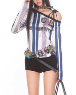 復古豎條紋露肩長袖（女款）