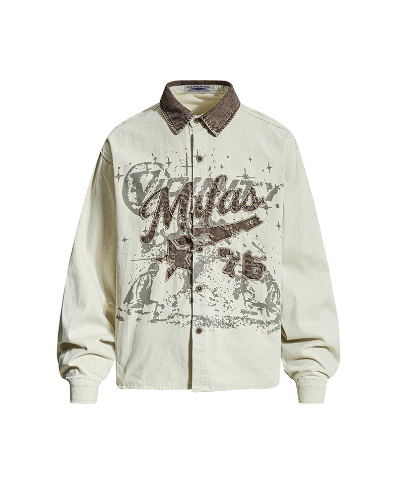 Color-blocked distressed long-sleeved shirt