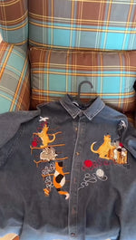 cat embroidered denim shirt