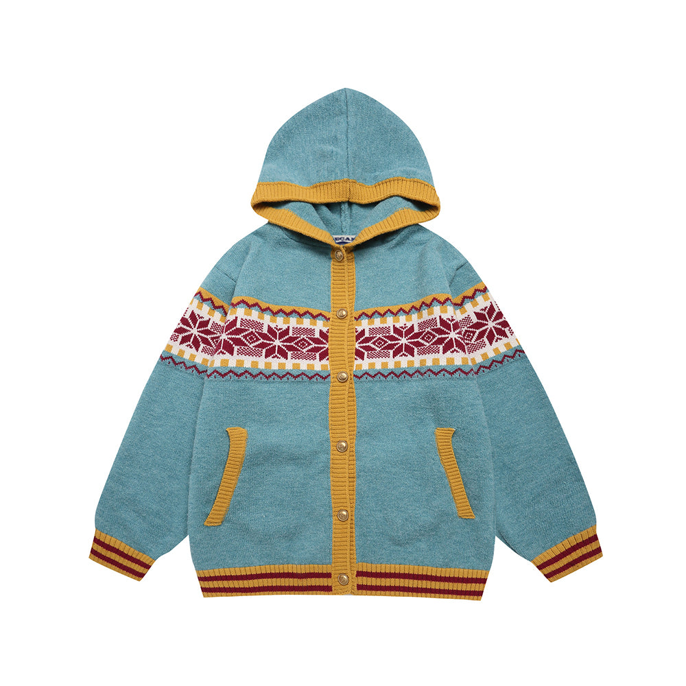 Retro contrast hooded knitted sweater