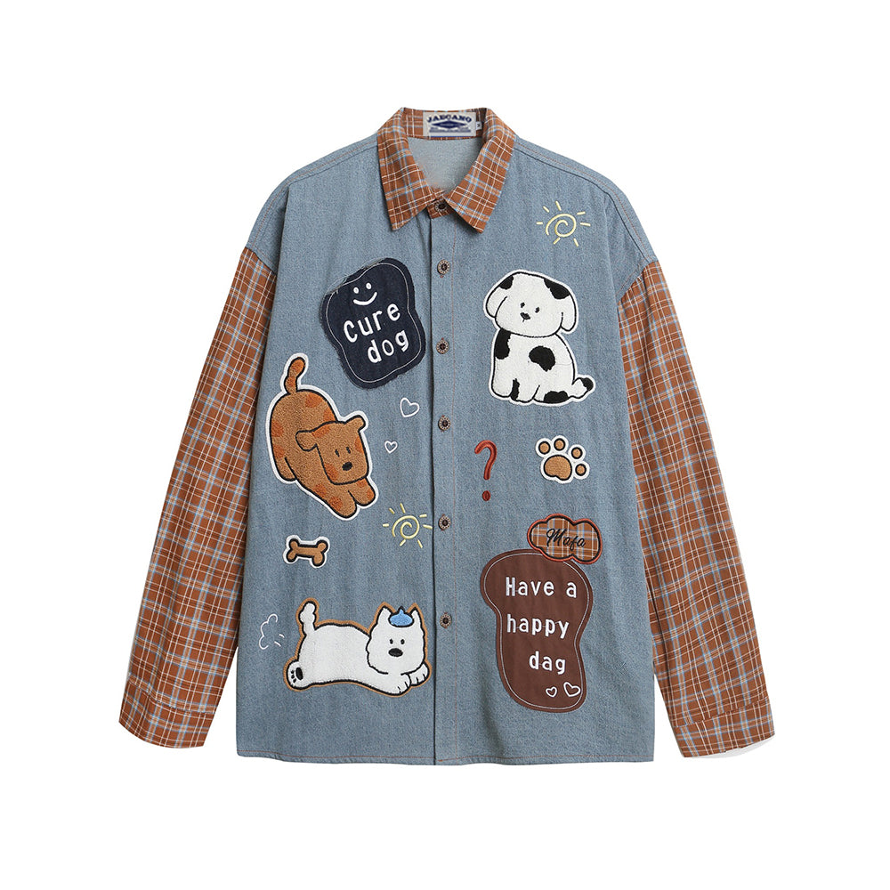 패치워크 강아지 자수 긴팔 셔츠