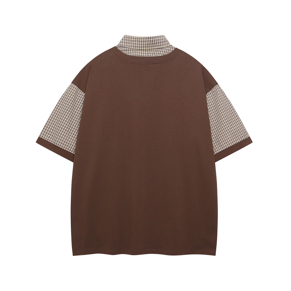 Retro patchwork fake two-piece short sleeves