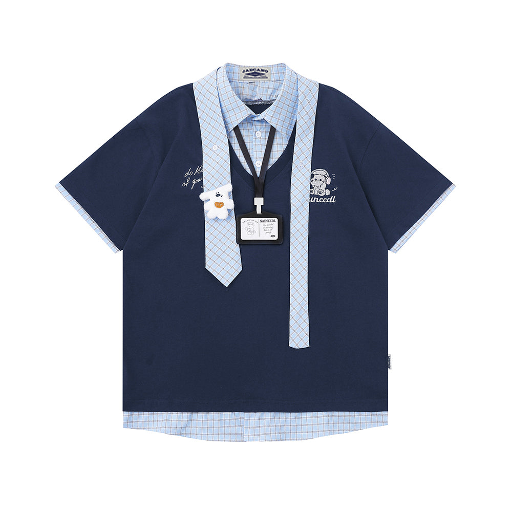 가짜 투피스 스플라이스 반팔 셔츠